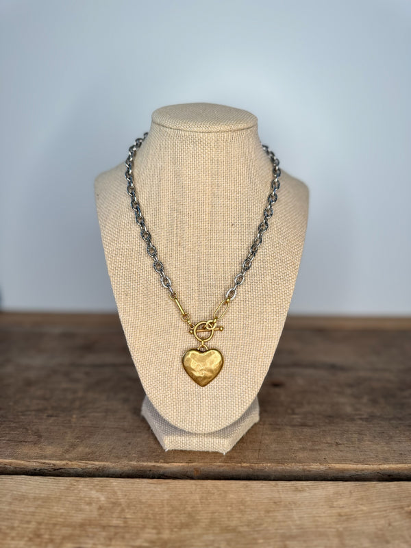 Gold Heart Toggle with gunmetal Necklace