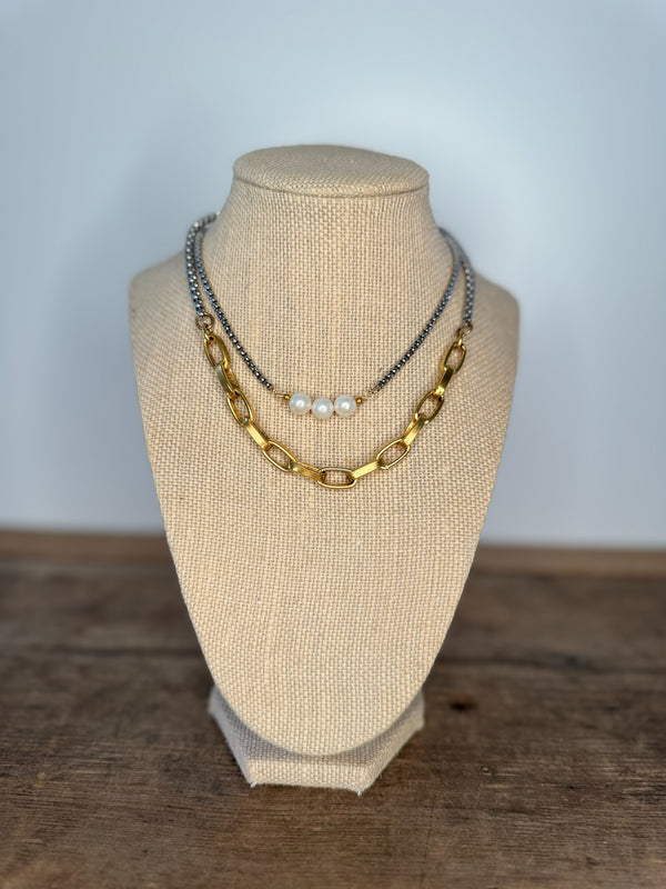 Three Pearl Gunmetal Necklace