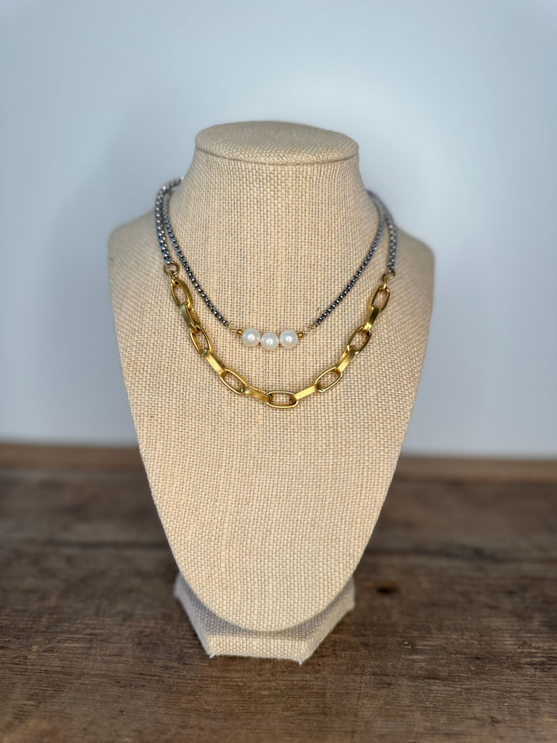 Three Pearl Gunmetal Necklace