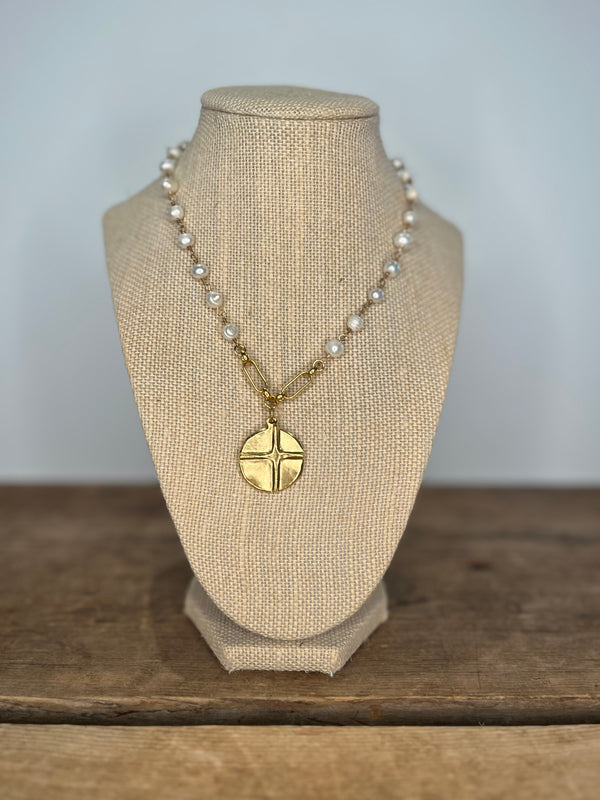 Full Pearl Cross/Heart Amulet Necklace