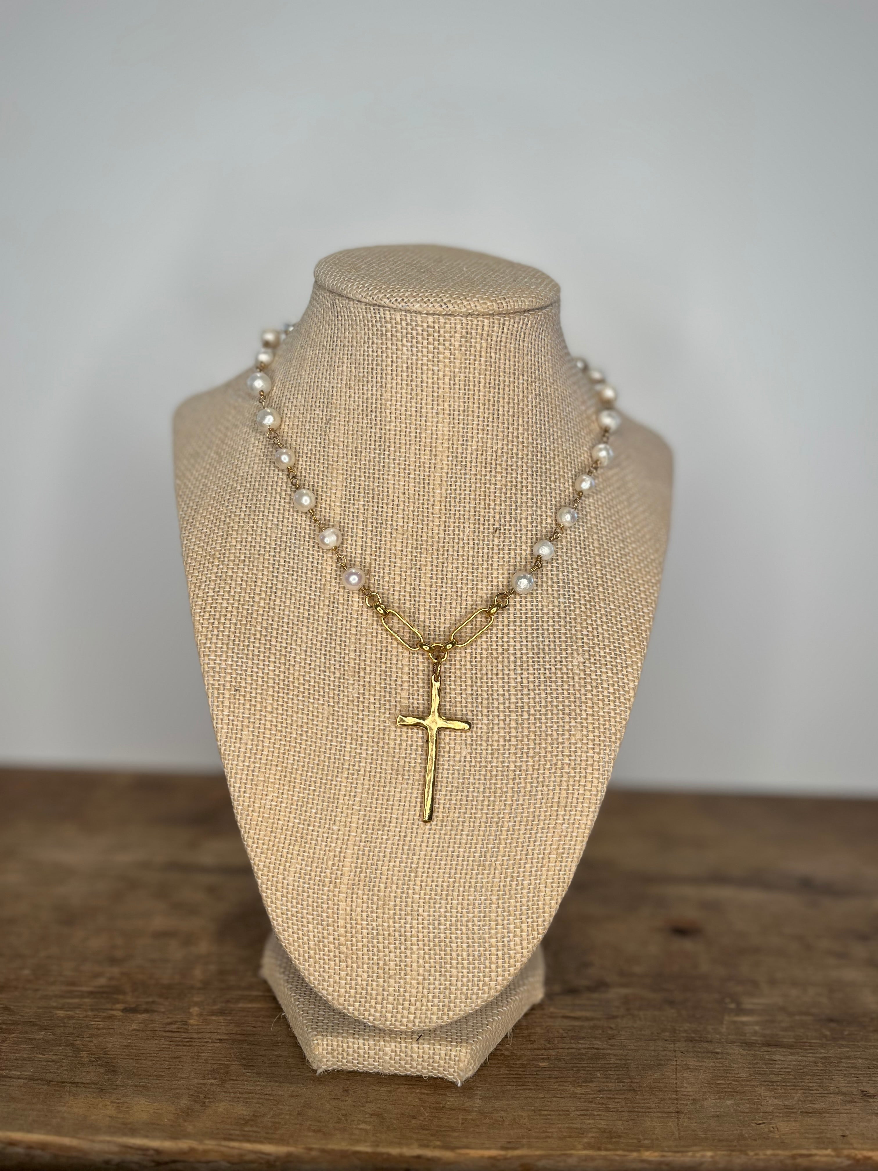 Full Pearl Long Cross Necklace