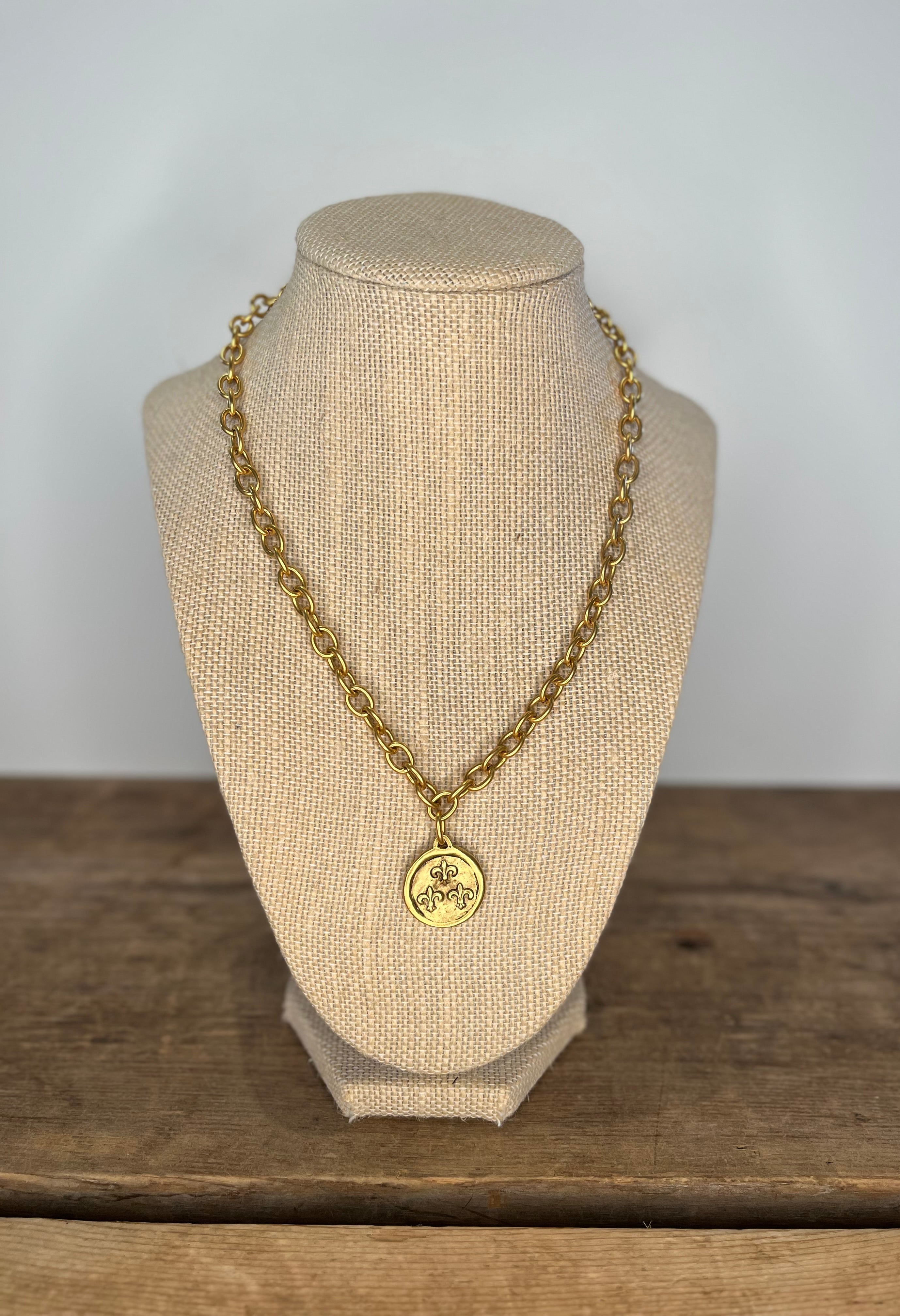 Gold Bee/Fleur De Lis Coin Necklace