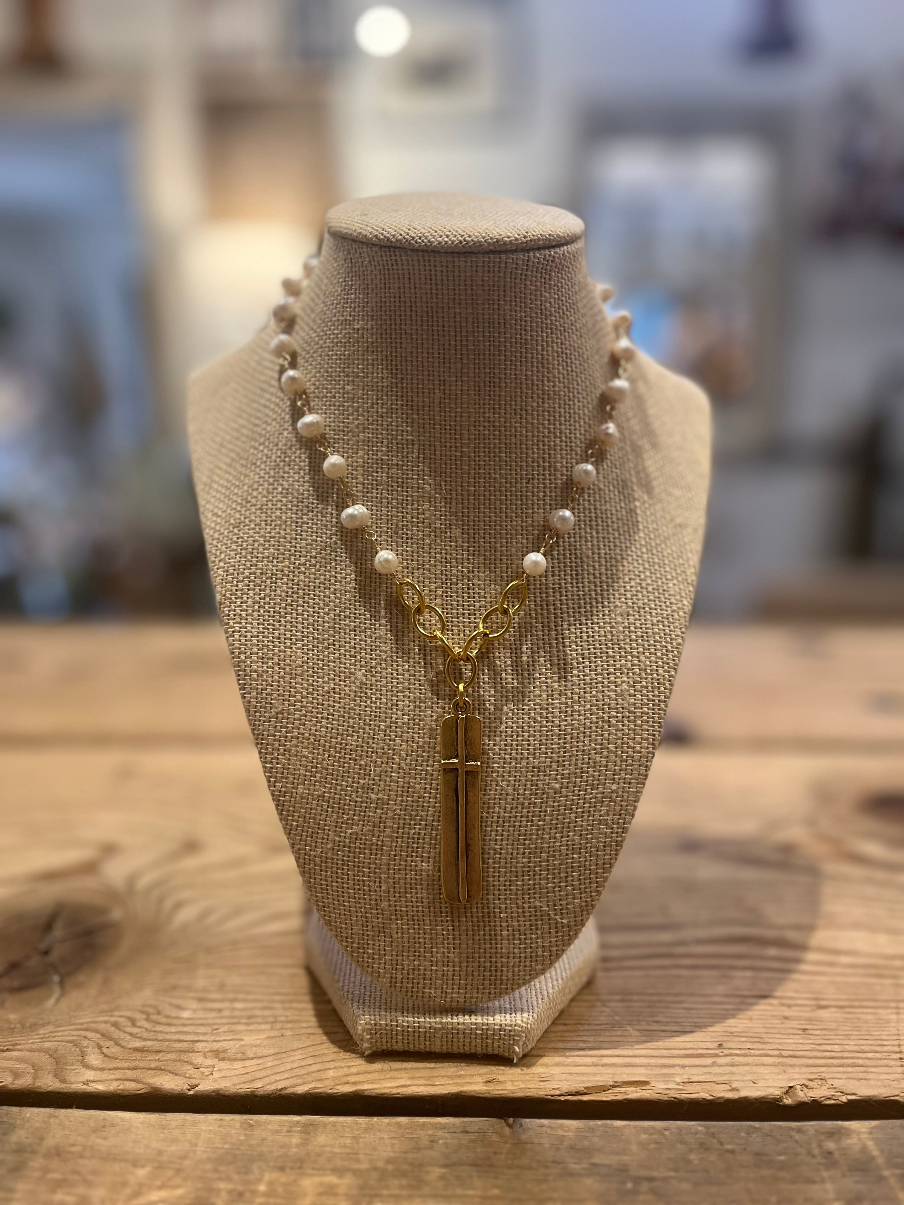 Long Cross Pendant Pearl Necklace