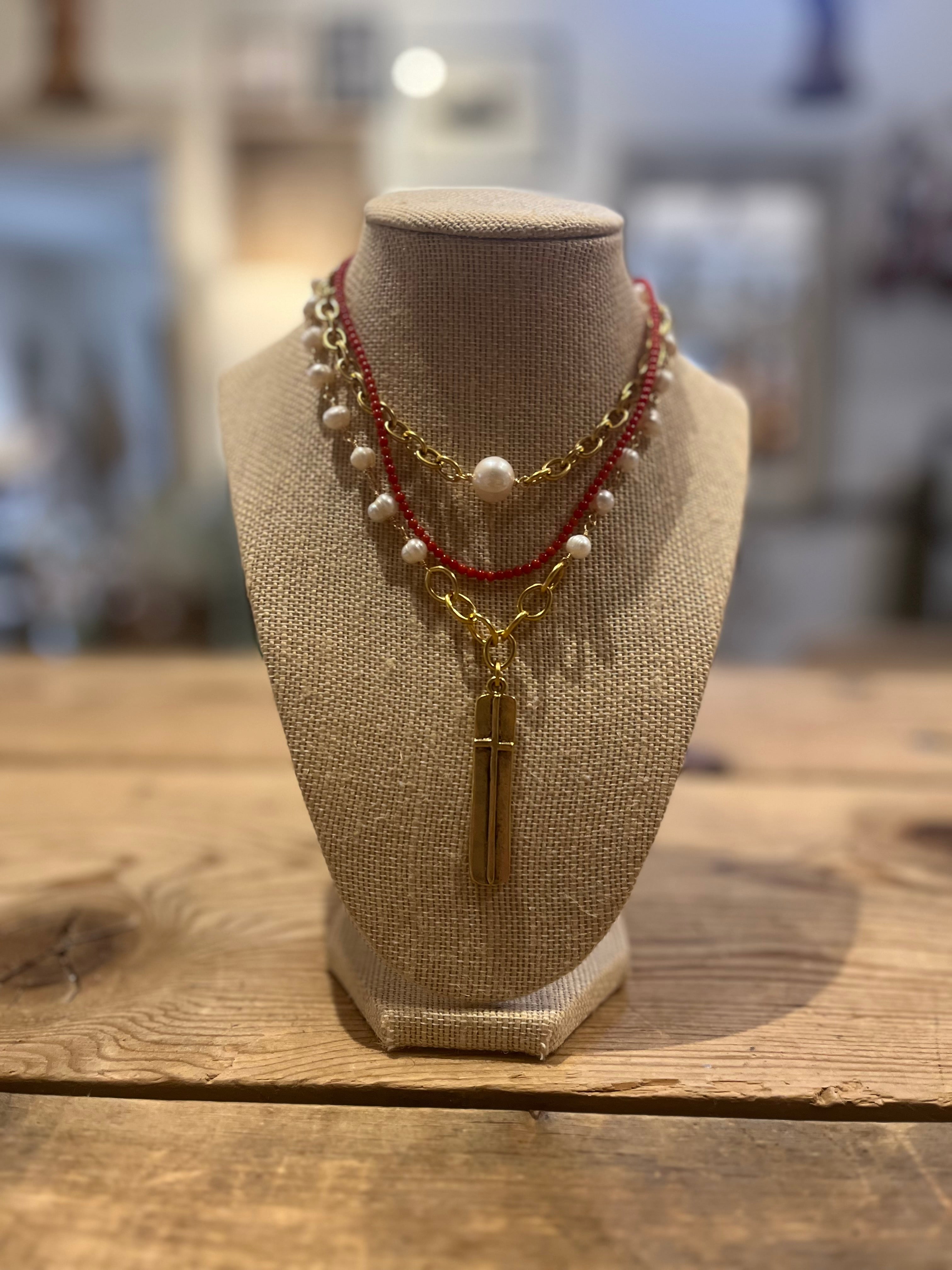 Long Cross Pendant Pearl Necklace