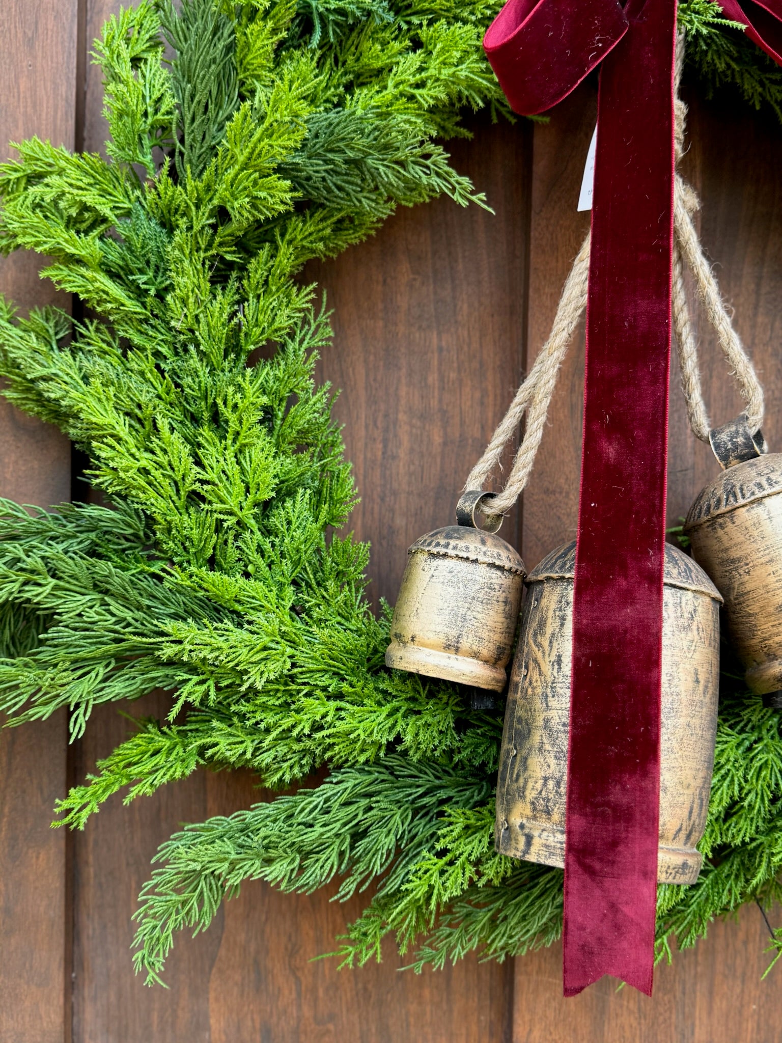 Green Cedar Wreath with Vintage Bells and Bow