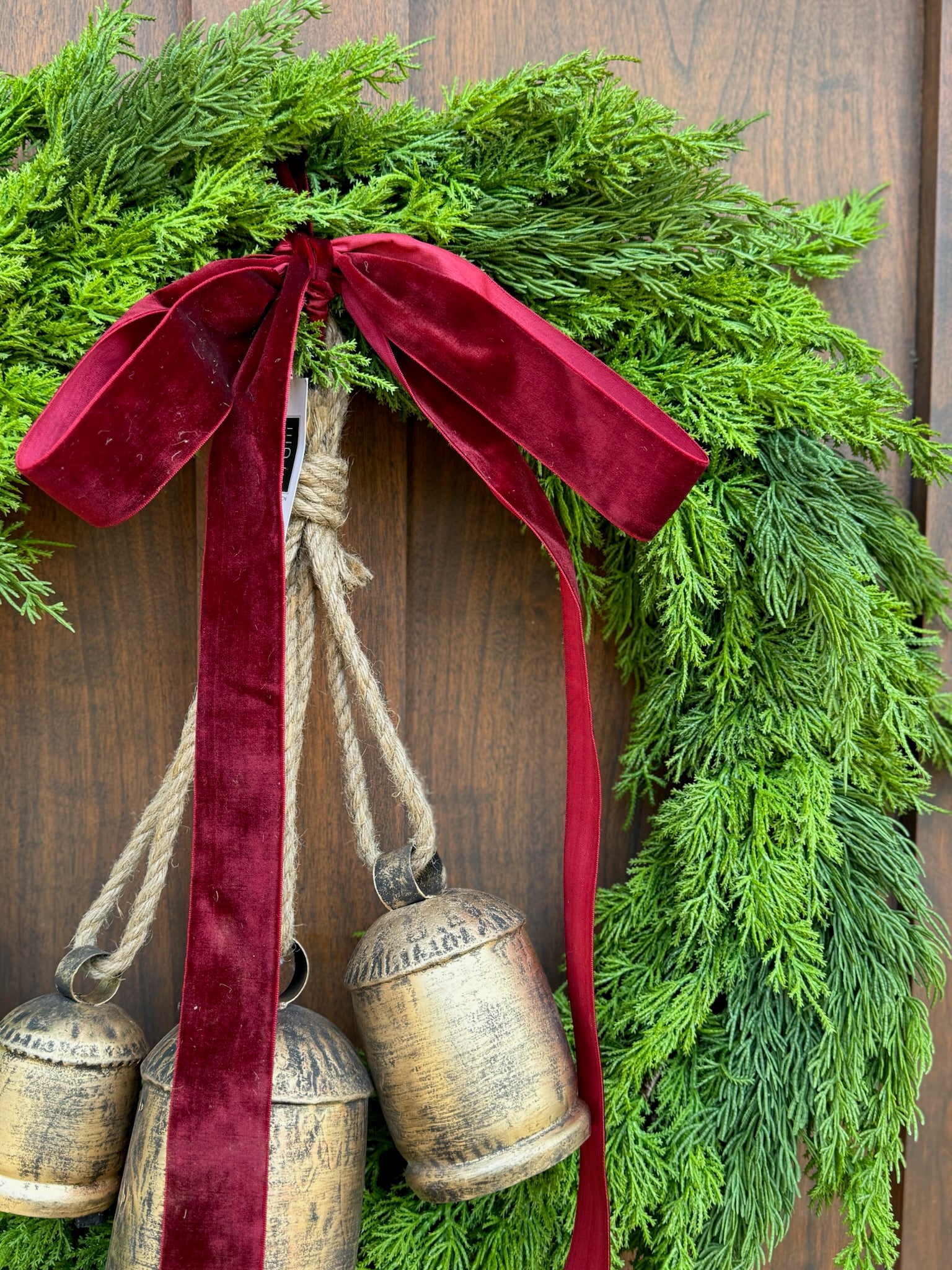 Green Cedar Wreath with Vintage Bells and Bow