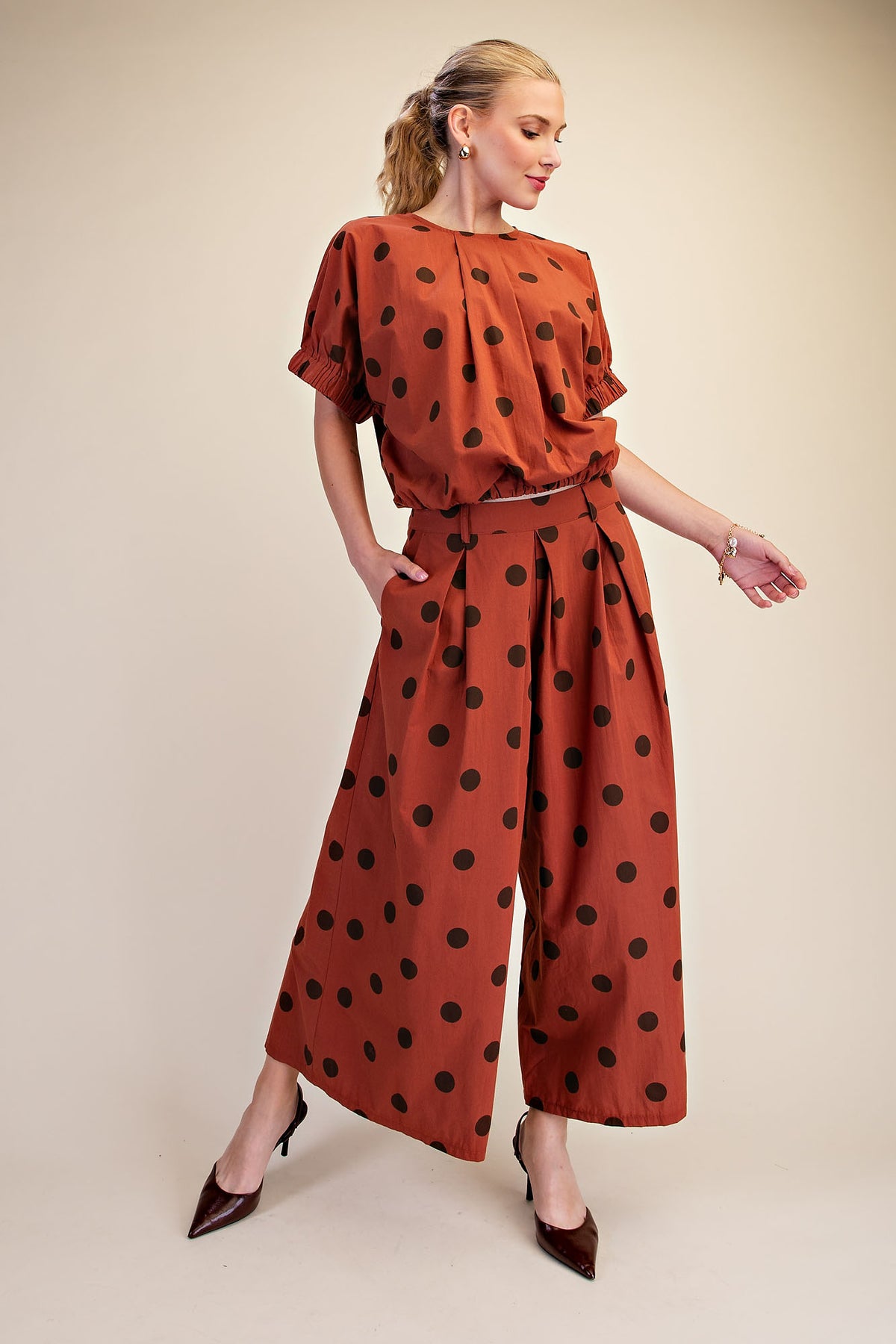 Polka Dot Pleated Top & Wide Leg Pants