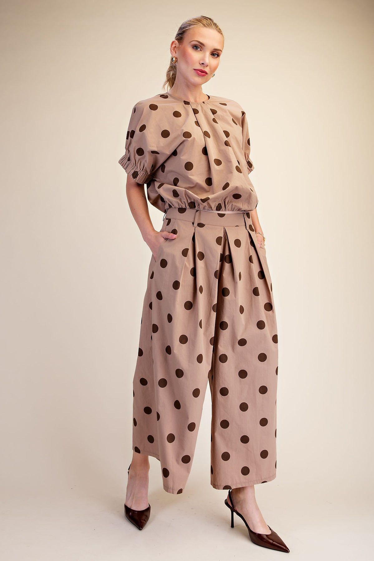 Polka Dot Pleated Top & Wide Leg Pants