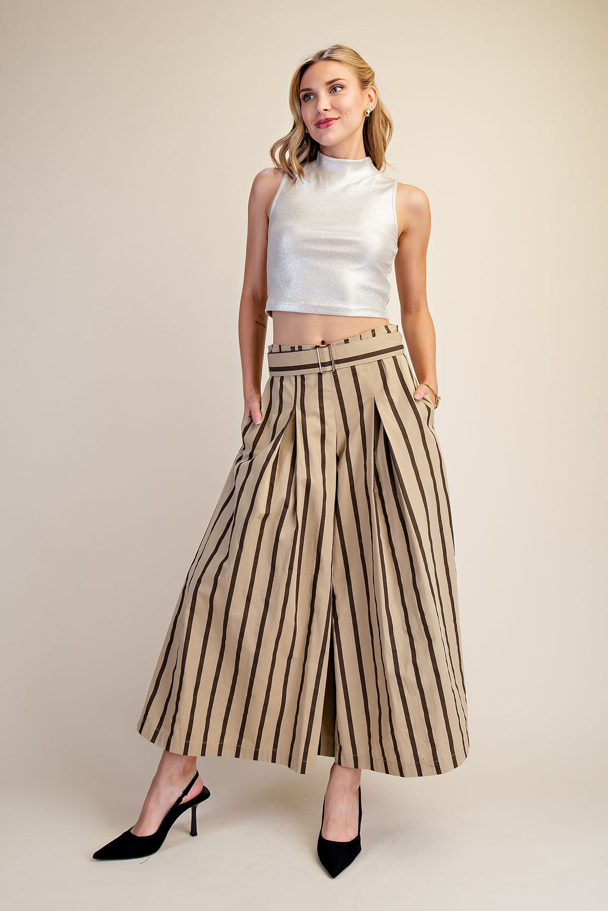 Belted High Waist Striped Pants