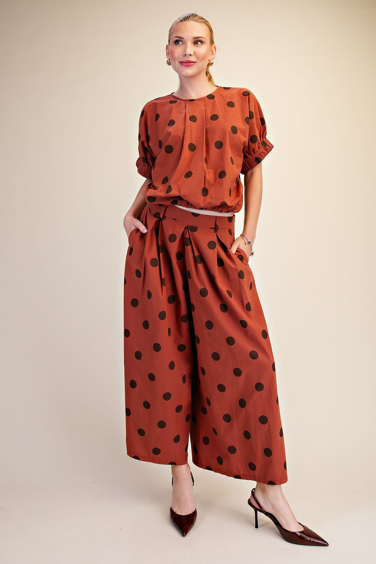 Polka Dot Pleated Top & Wide Leg Pants