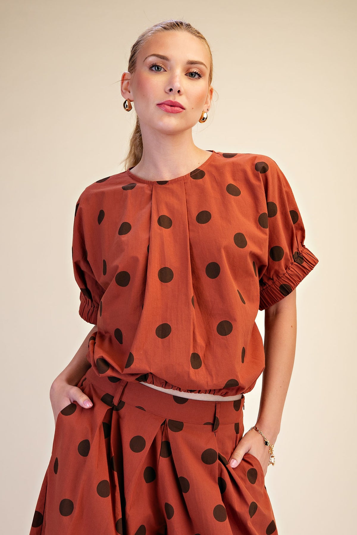 Polka Dot Pleated Top & Wide Leg Pants