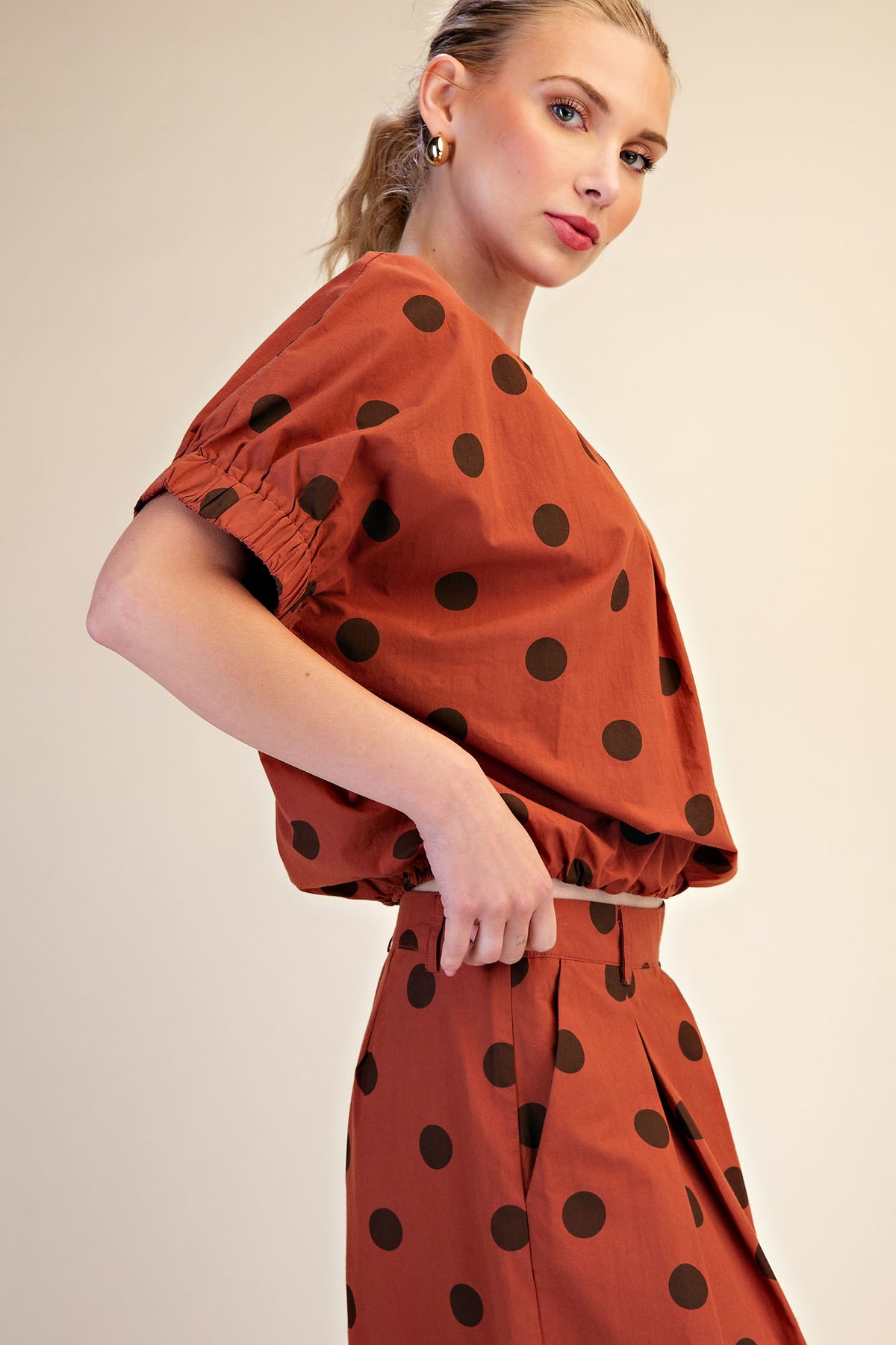 Polka Dot Pleated Top & Wide Leg Pants
