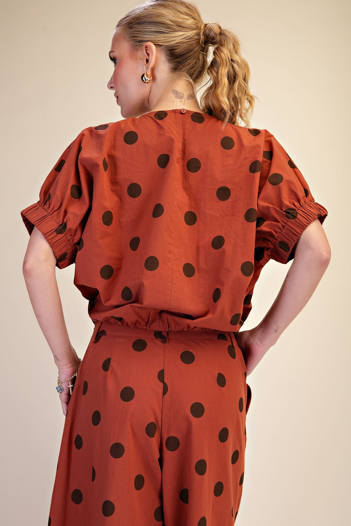 Polka Dot Pleated Top & Wide Leg Pants