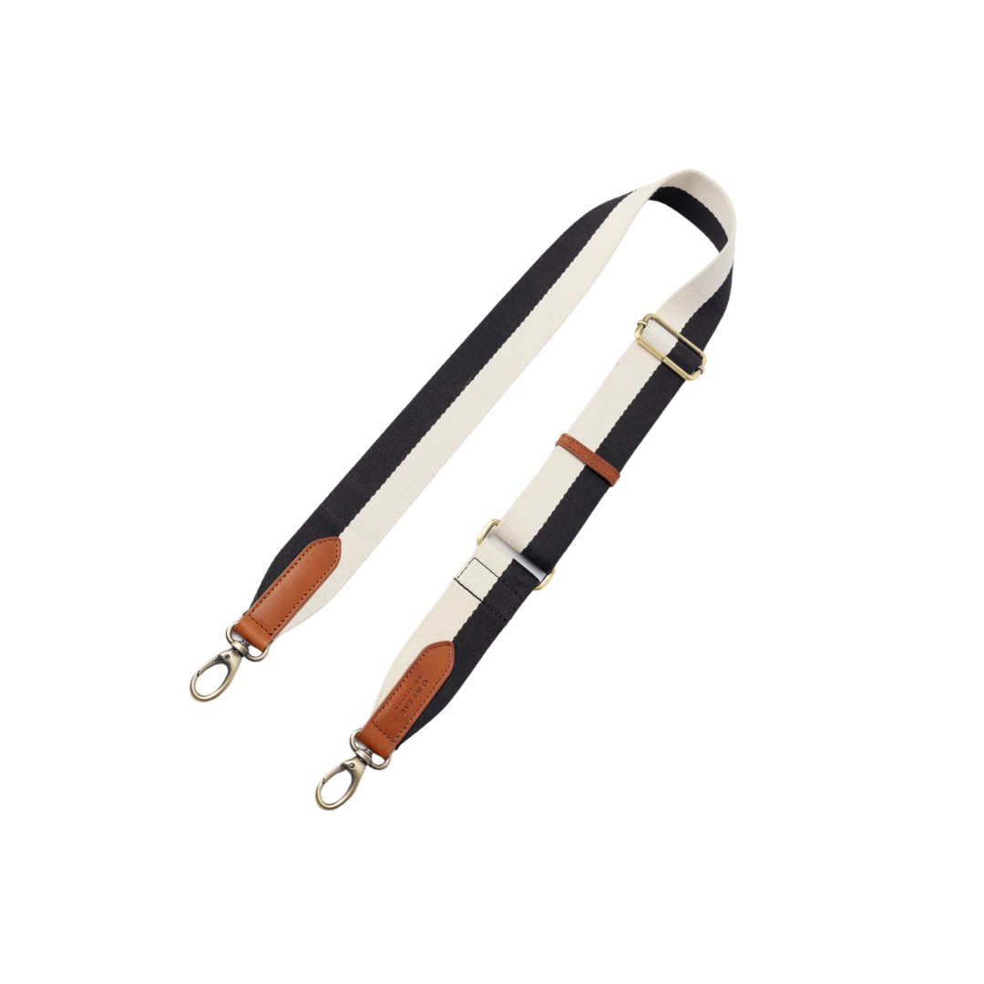 Striped Webbing Strap - Black & White / Cognac Classic Leather