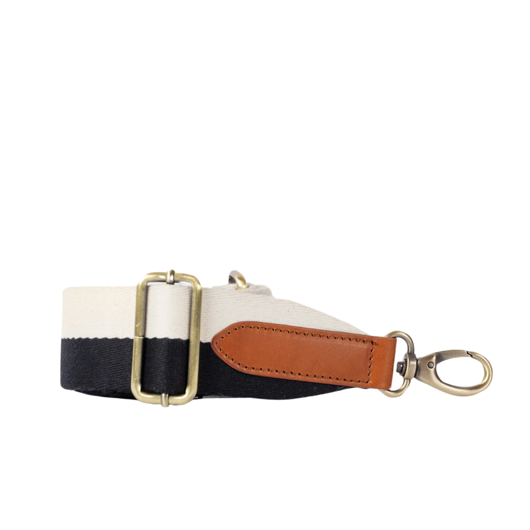 Striped Webbing Strap - Black & White / Cognac Classic Leather