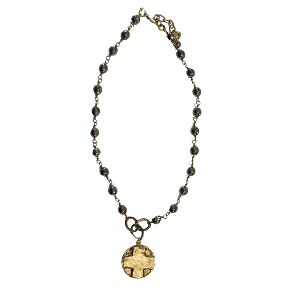 Gold Bead Cross Coin Necklace
