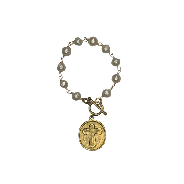 Angel and Cross Coin Pearl Bracelet