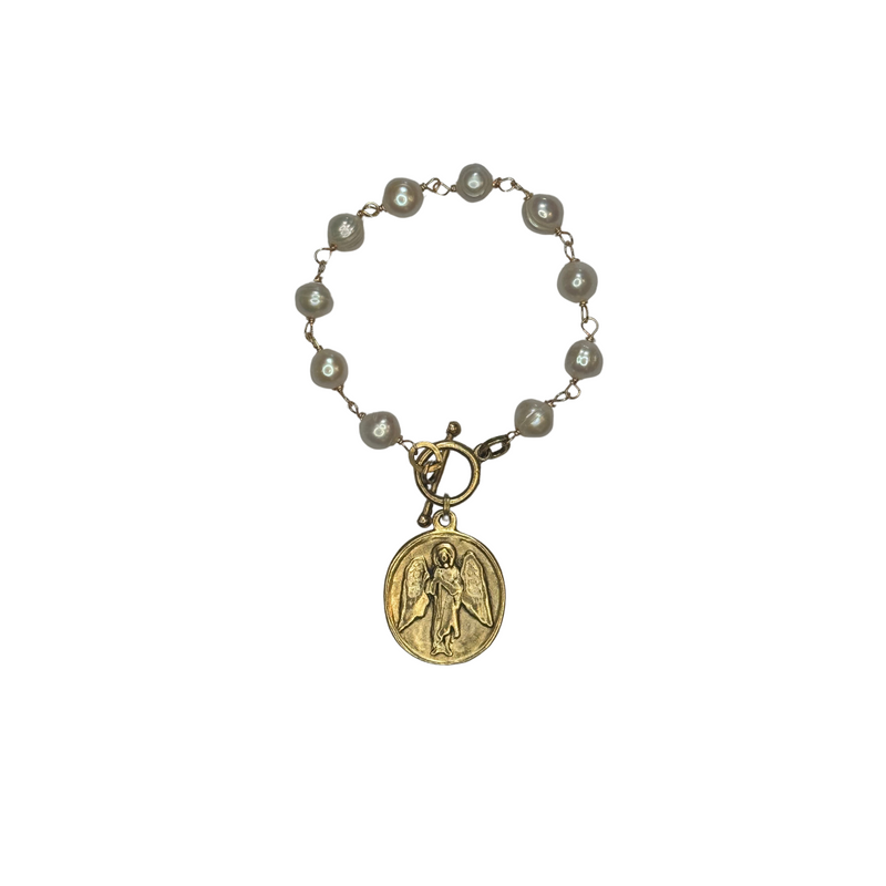 Angel and Cross Coin Pearl Bracelet