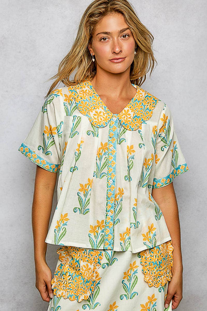 Block Print Short Sleeve Top With Collar