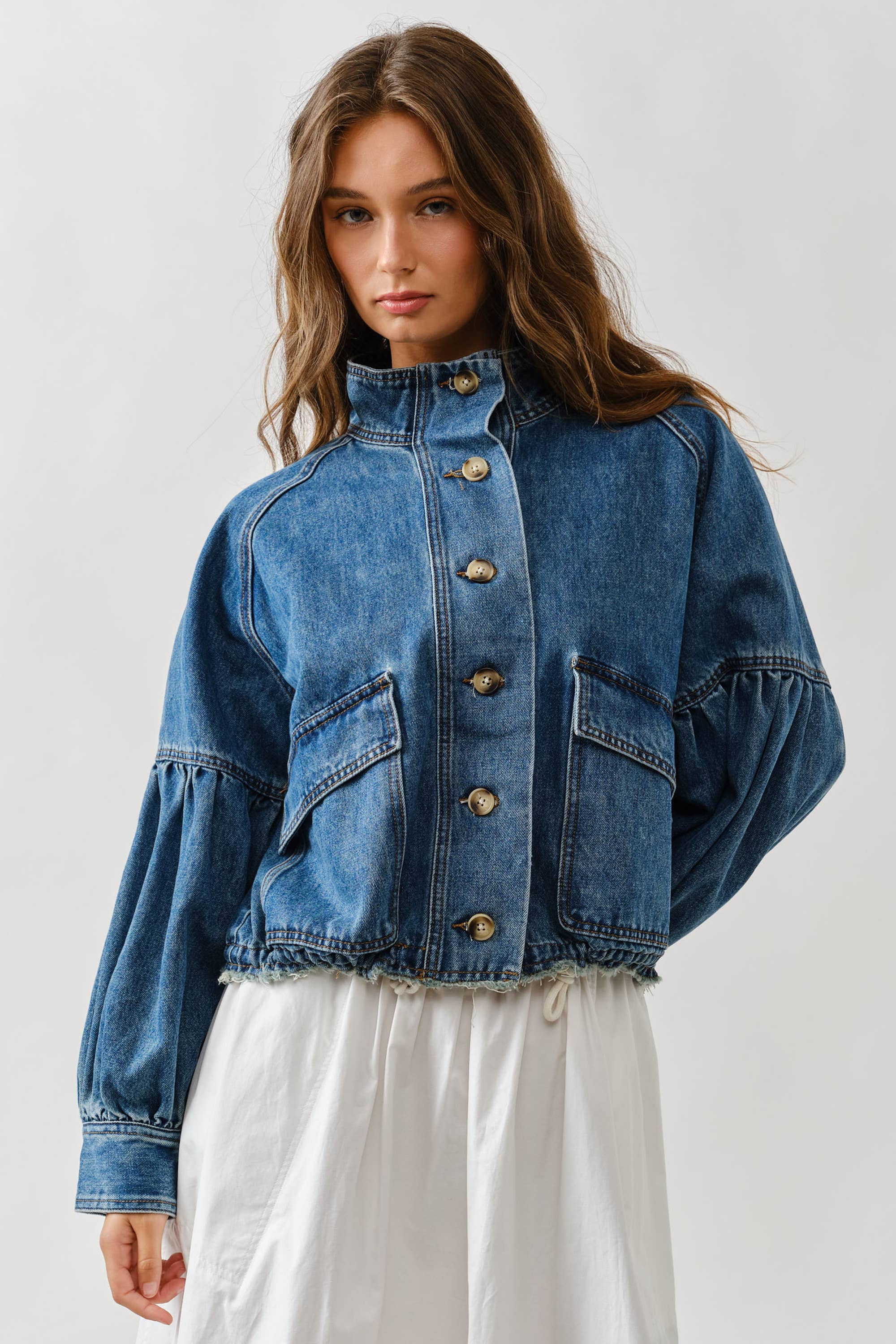 Ballon Sleeve Twill Jacket Drawstring Waist