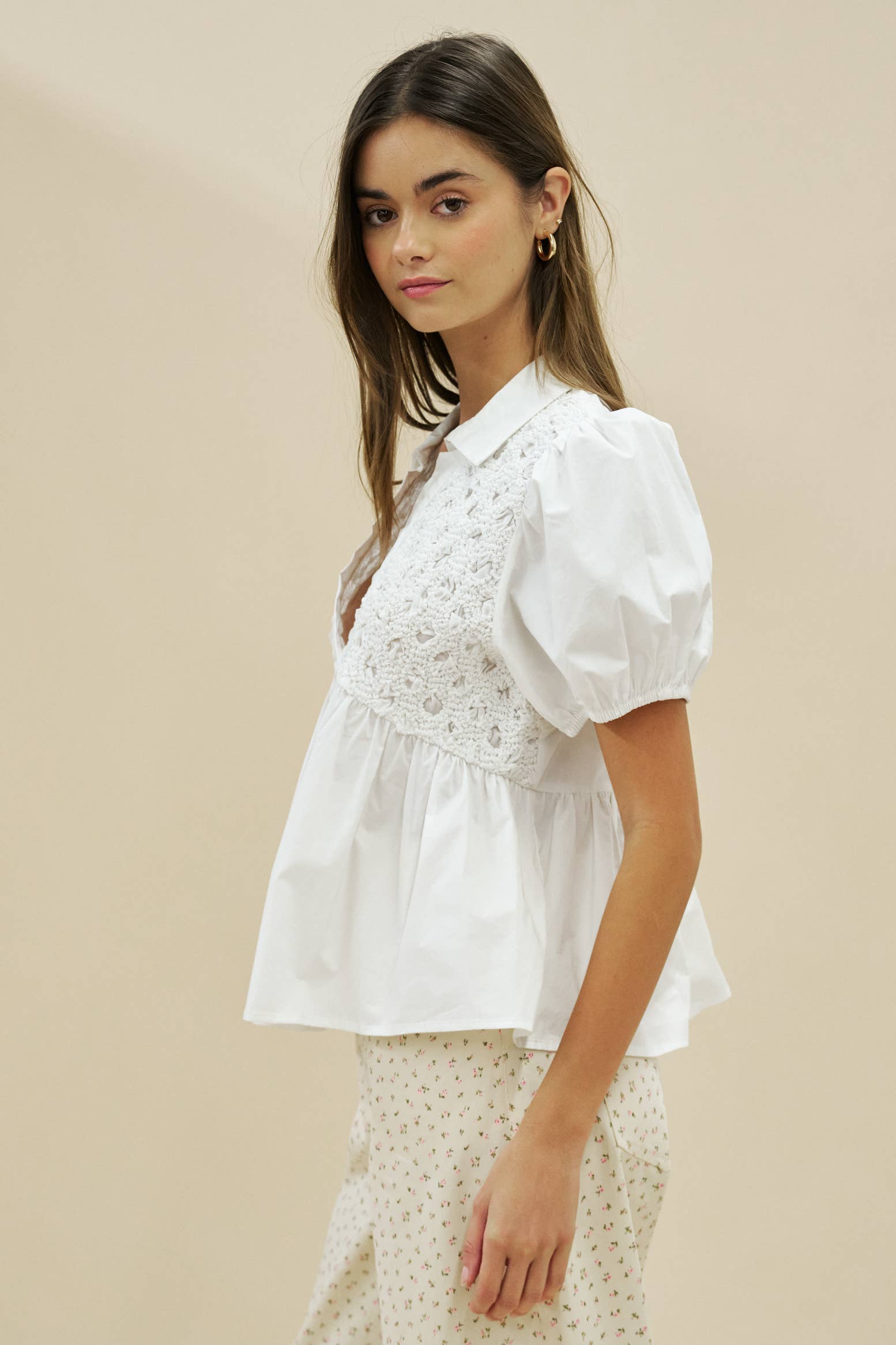 Textured Babydoll Top With Puff Sleeves
