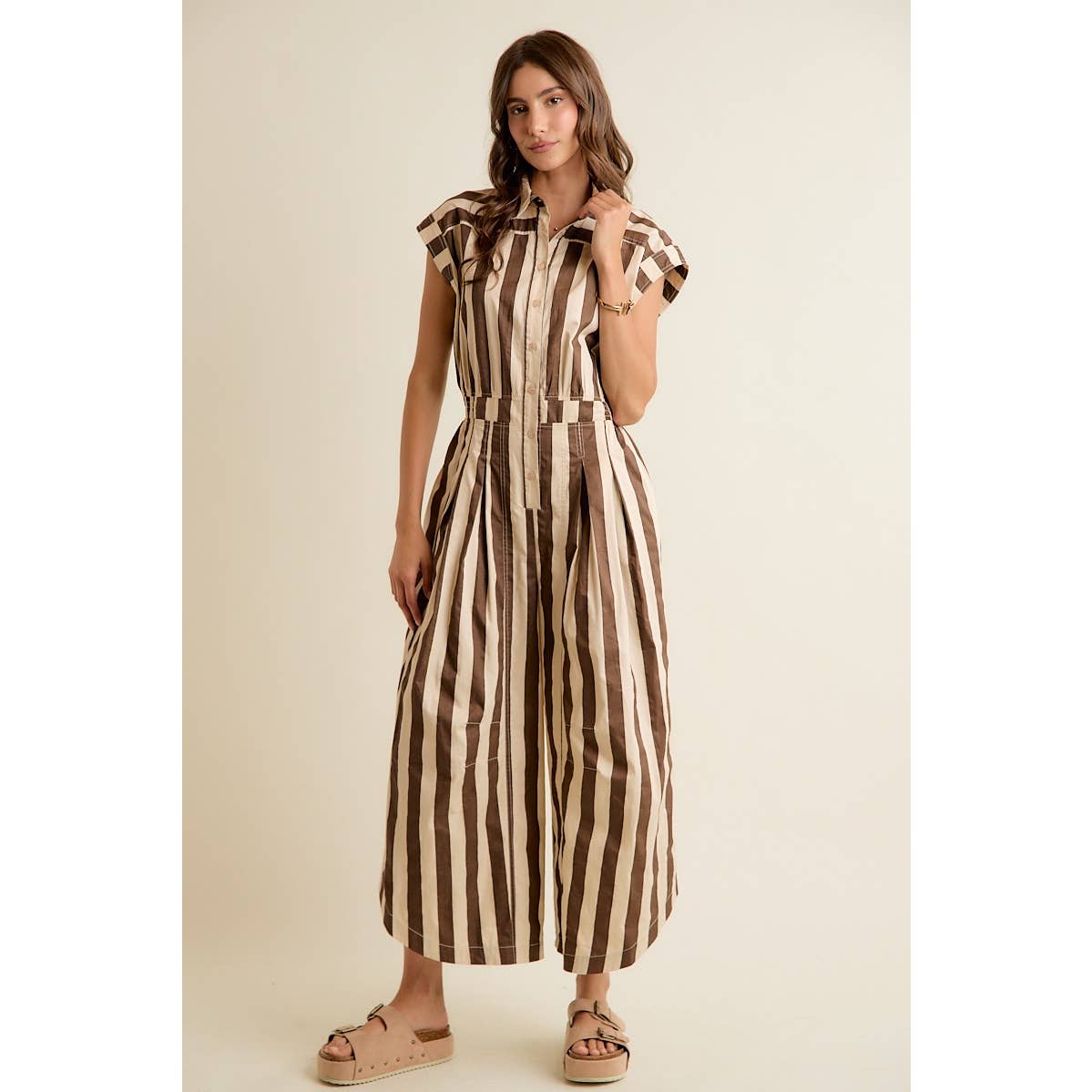 Sleeveless Brown Stripe Jumpsuit
