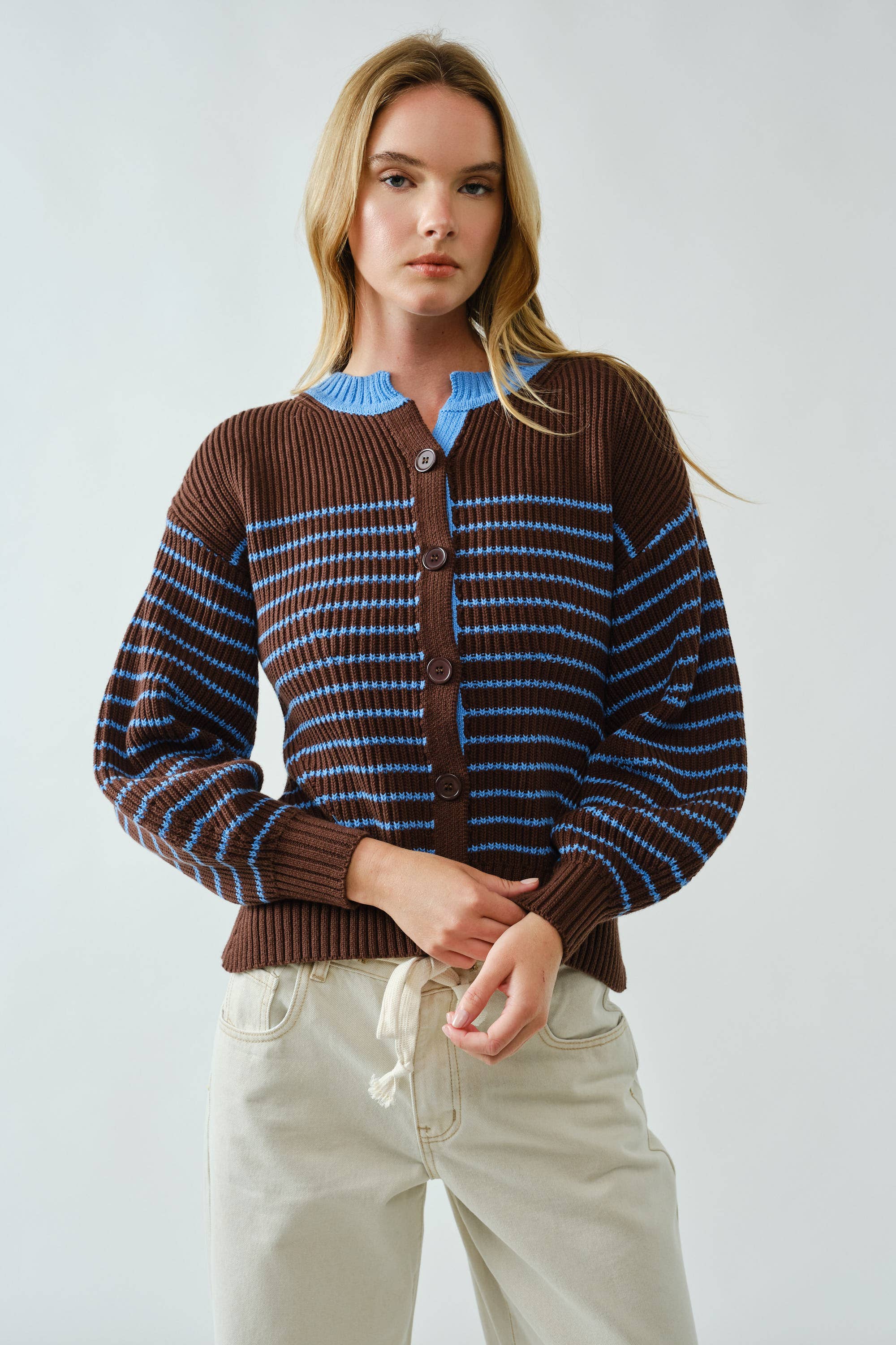 Voluminous Sleeve Stripe Cardigan