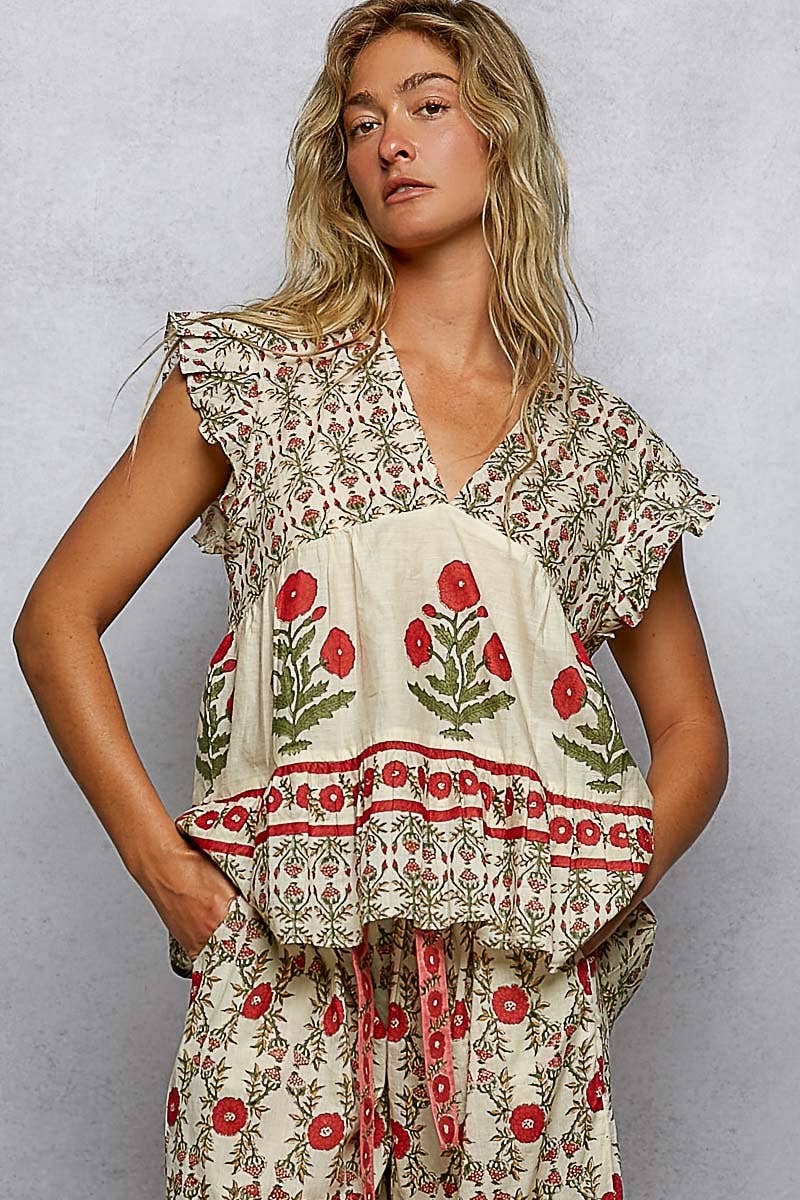 Floral Pattern Ruffle Sleeve Top