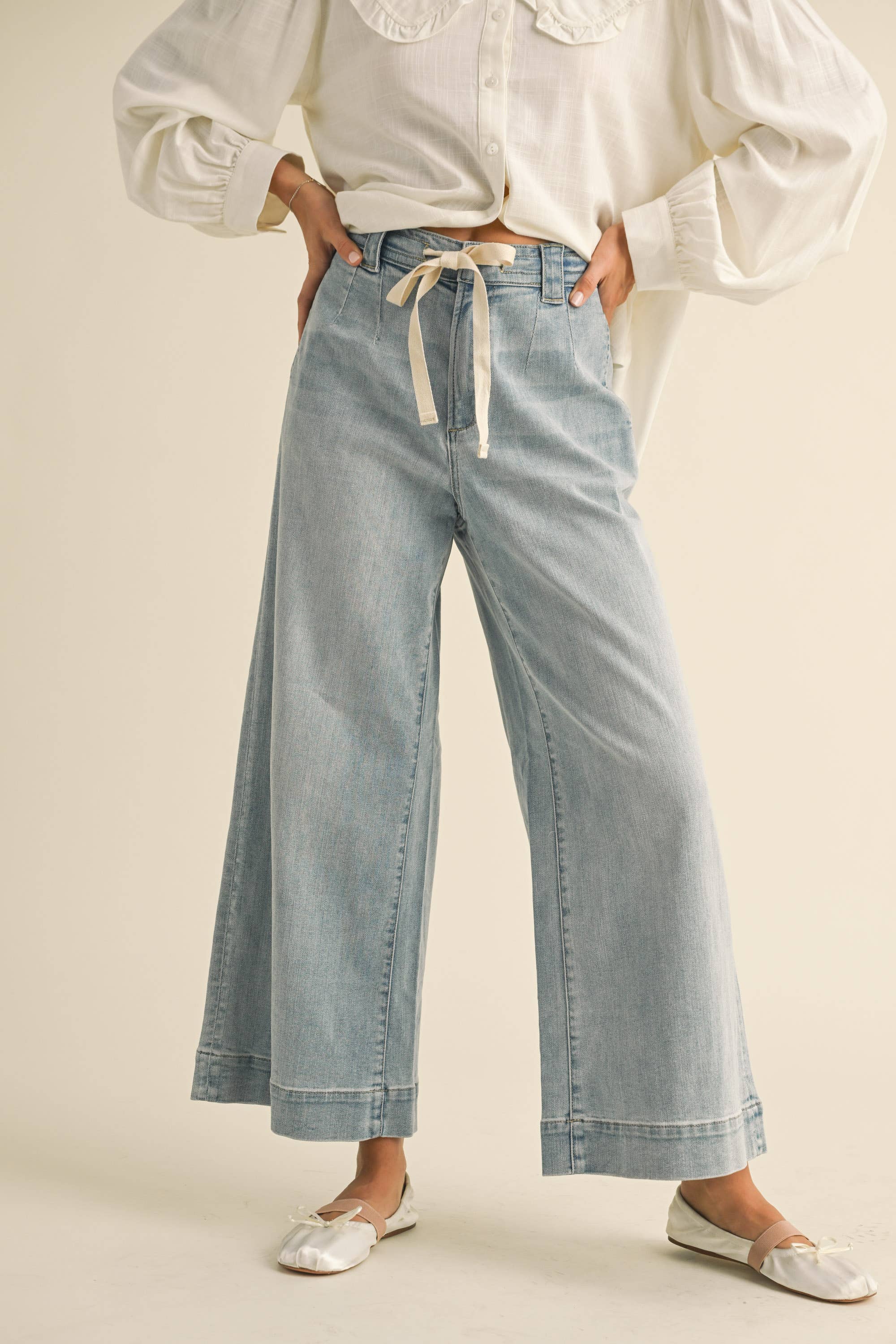 Washed Wide Leg Denim with Tie Front