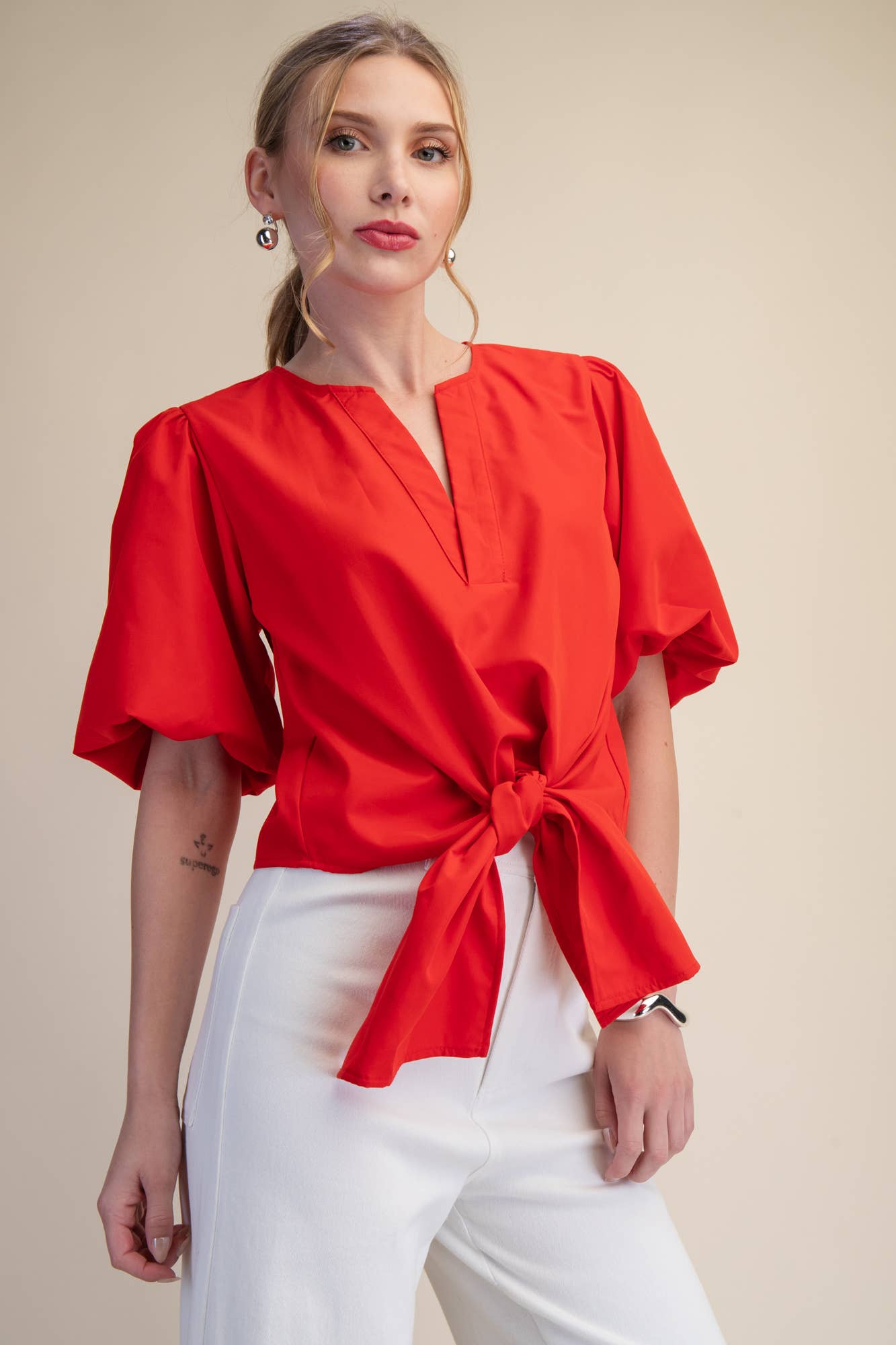 Tie-Front Blouse Puff Sleeve