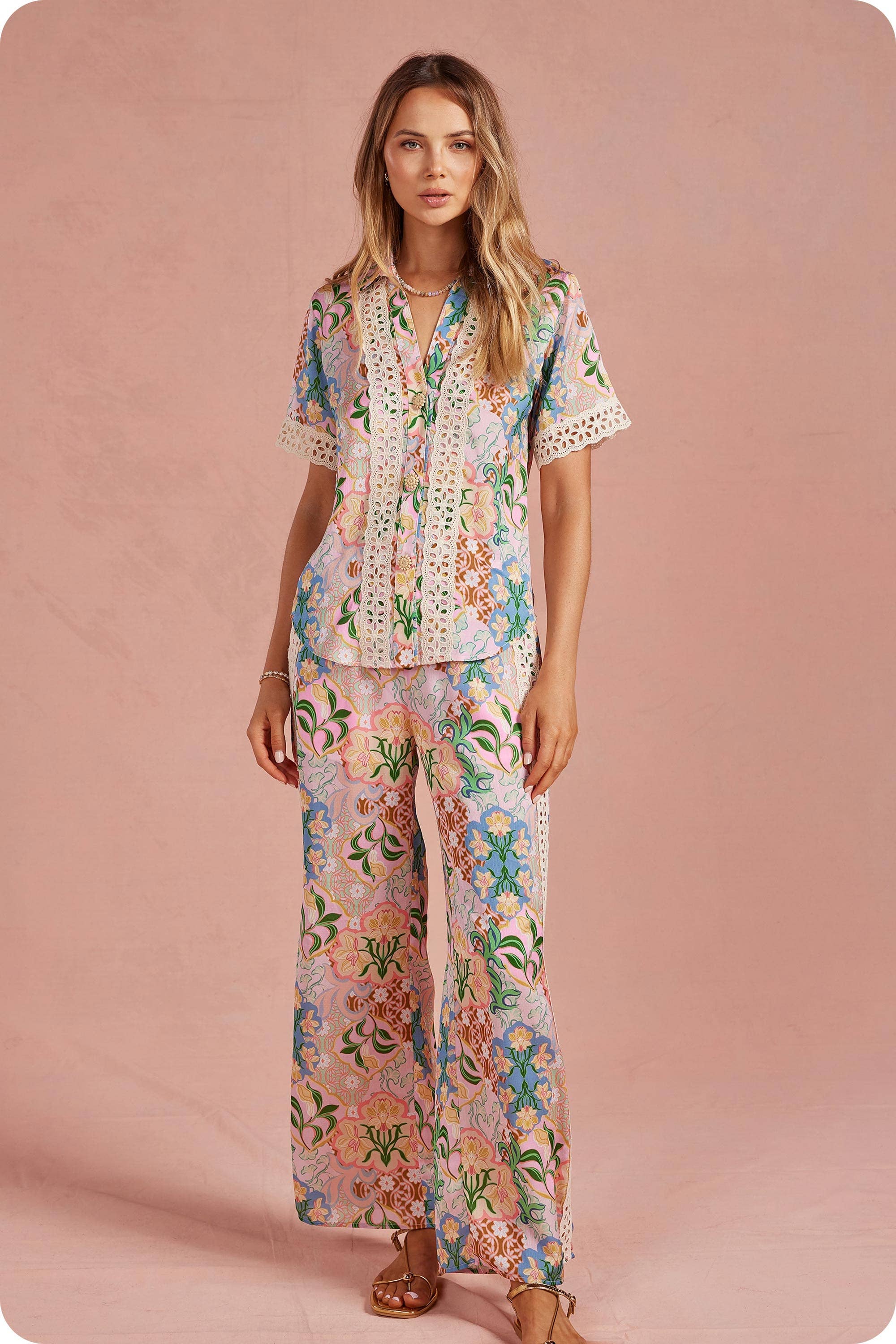 Garden Party Crochet Contrast Trim Satin Shirt