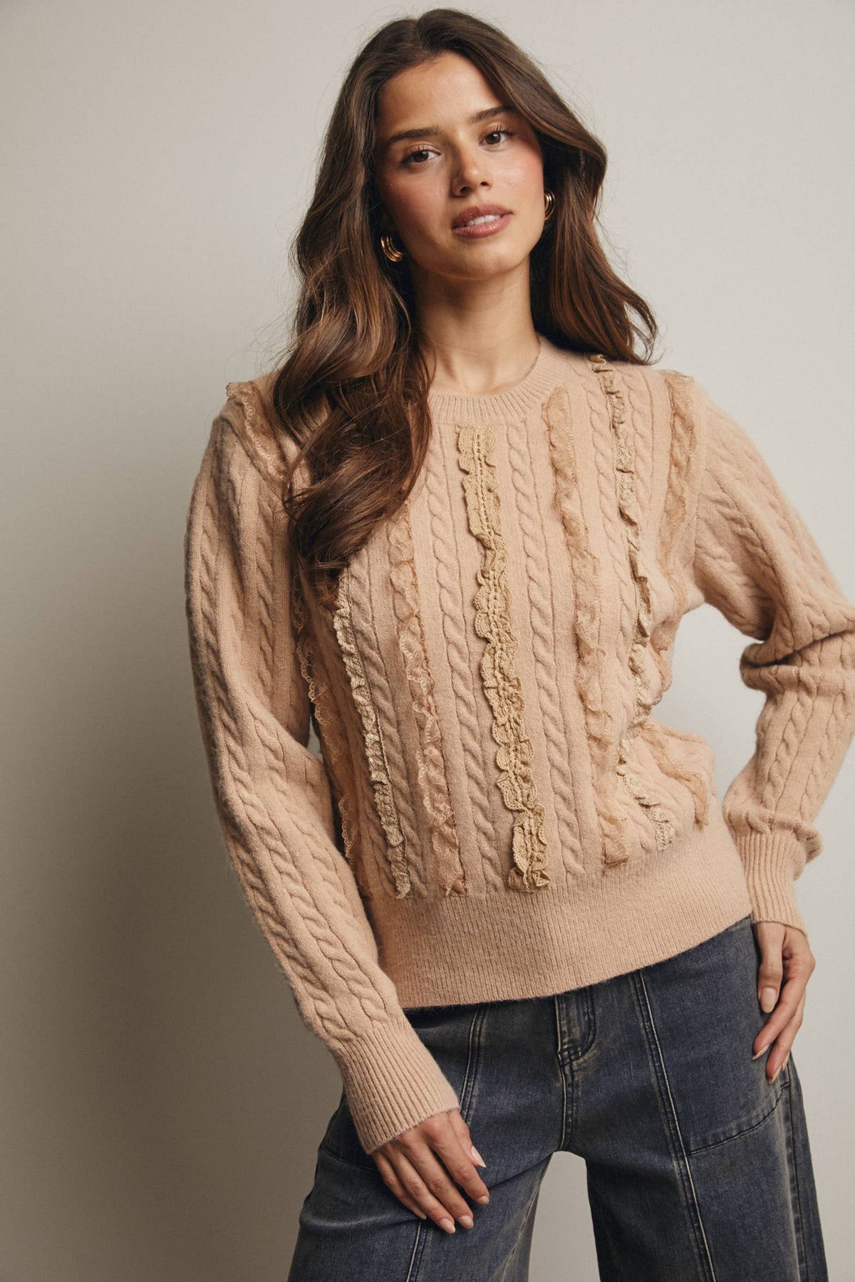 Lace Trim Cable Knit Pullover