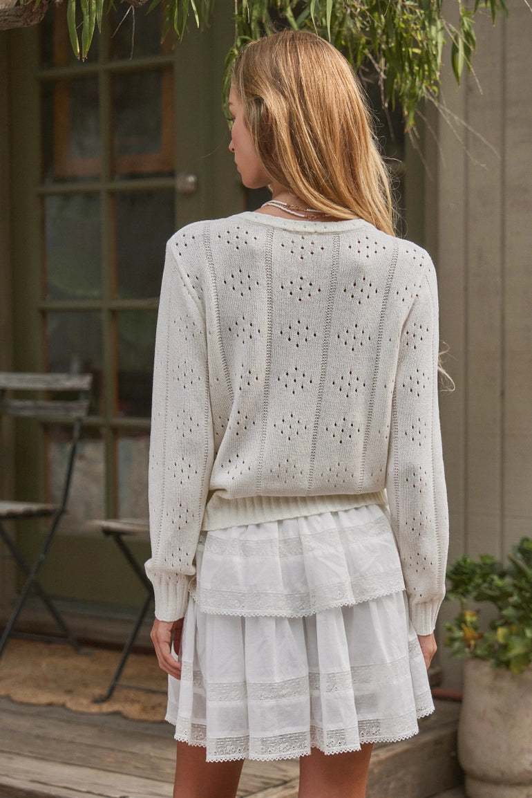 Pointelle Knit Cardigan with Lace Trim