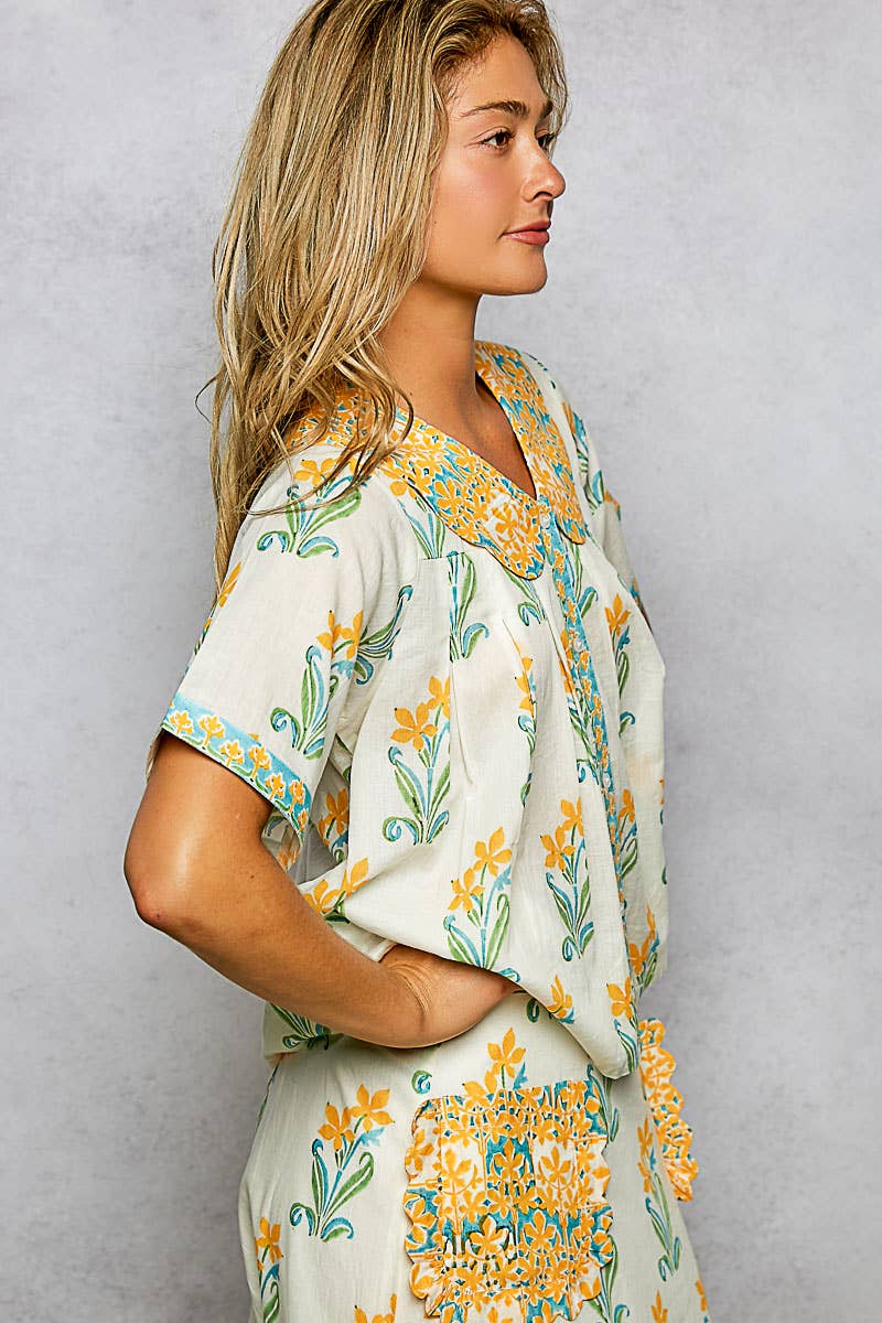 Block Print Short Sleeve Top With Collar