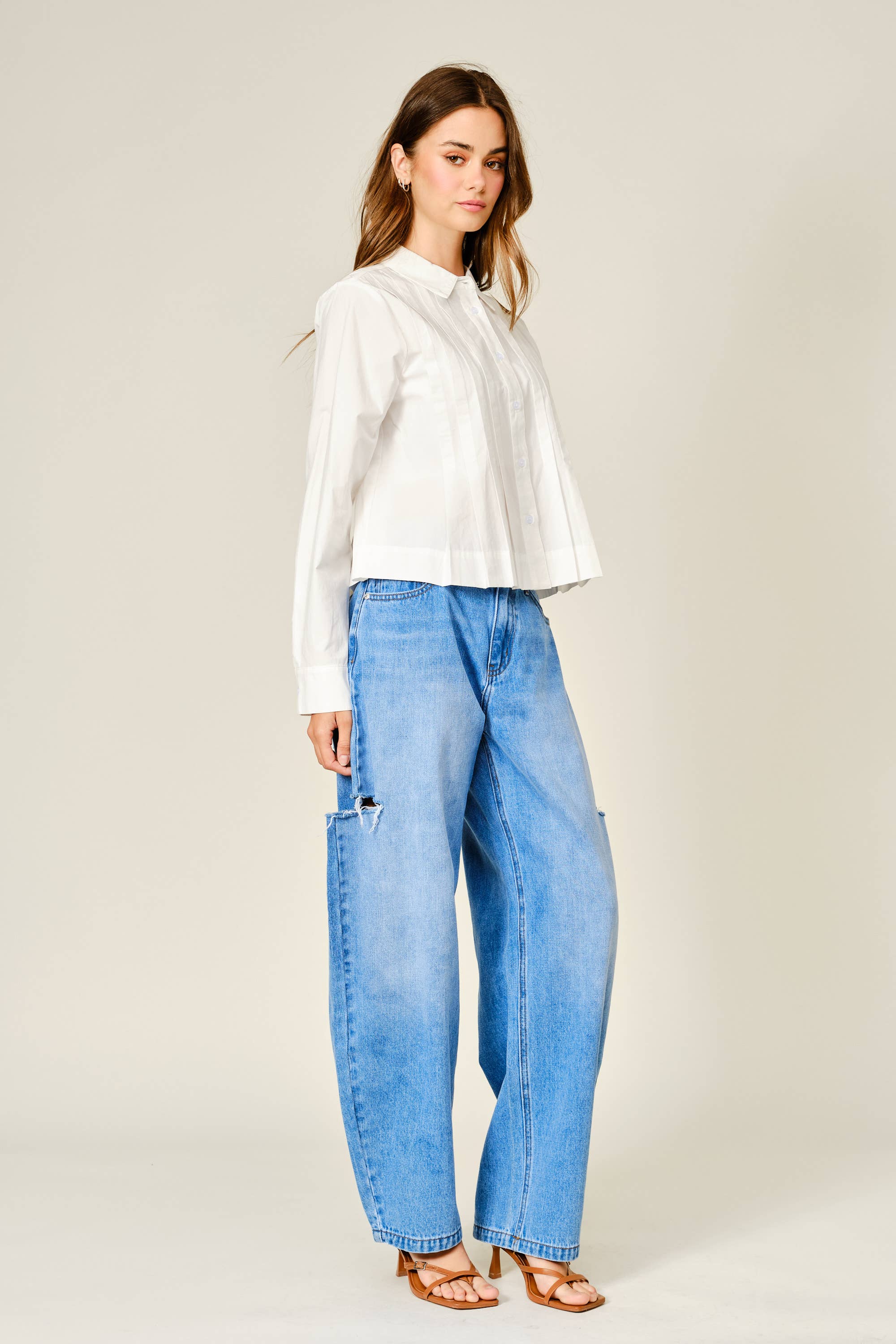 Pleated Cotton Button Down Shirt