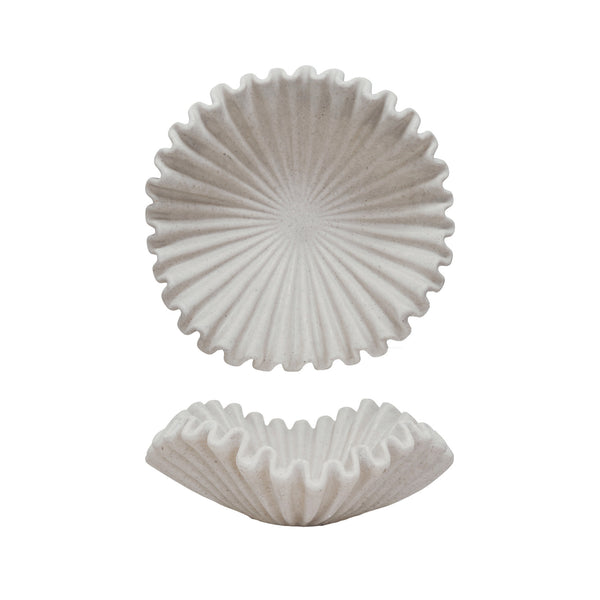 Decorative Resin Ruffled Bowl, Stone Finish, Cream Color