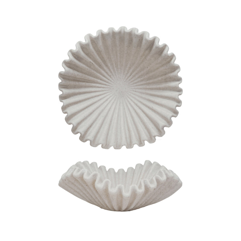 Decorative Resin Ruffled Bowl, Stone Finish, Cream Color