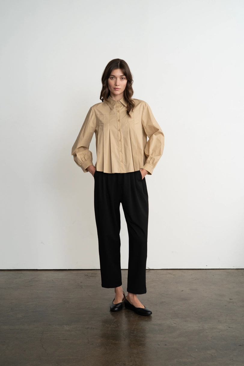 Pleated Poplin Button Down Shirt