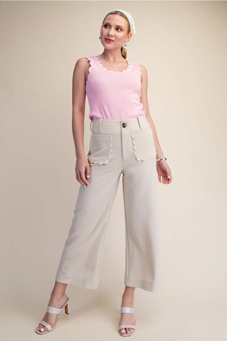 Colette Wide-Leg Scallop Pocket Pants - Cream