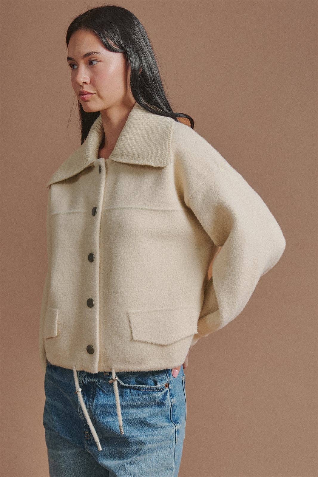 Sweater Knit Jacket with Detachable Collar