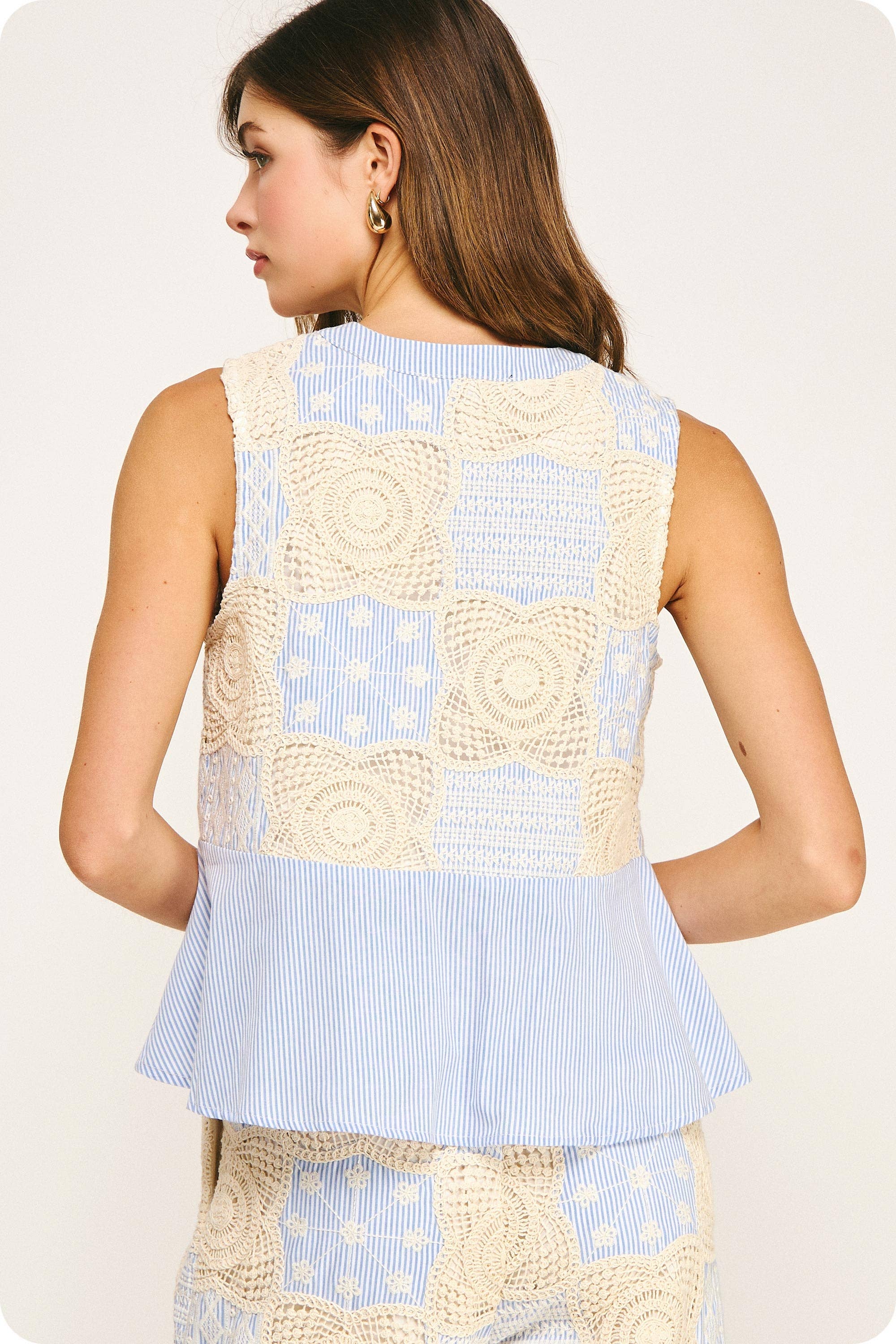 Floral Crochet Stripe Patchwork Button Down Top