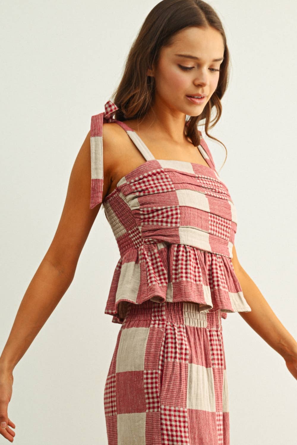 Red Gingham and Stripe Patch Effect Top
