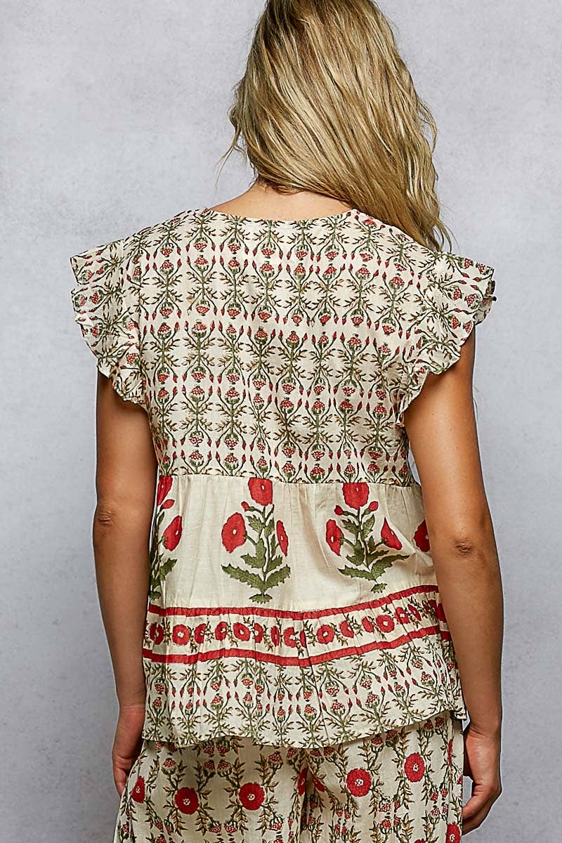 Floral Pattern Ruffle Sleeve Top