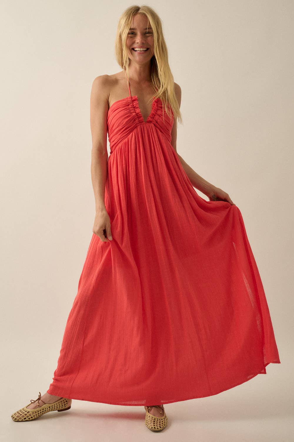 Cotton Gauze Tie-Back Halter Maxi Dress