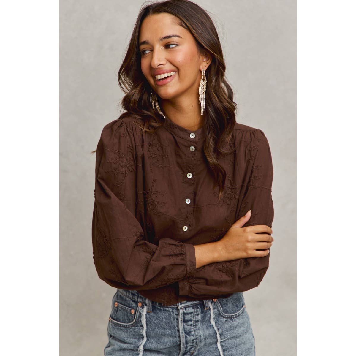 Cropped Floral Long Sleeve Button Front Shirt