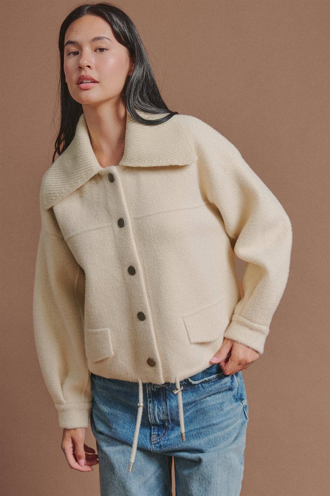 Sweater Knit Jacket with Detachable Collar