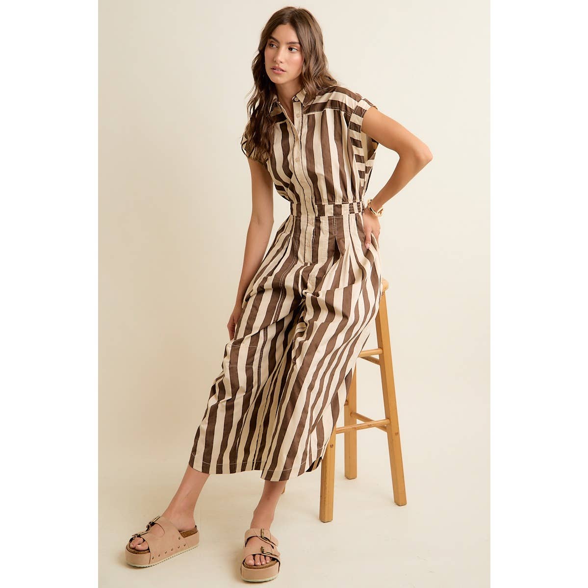Sleeveless Brown Stripe Jumpsuit