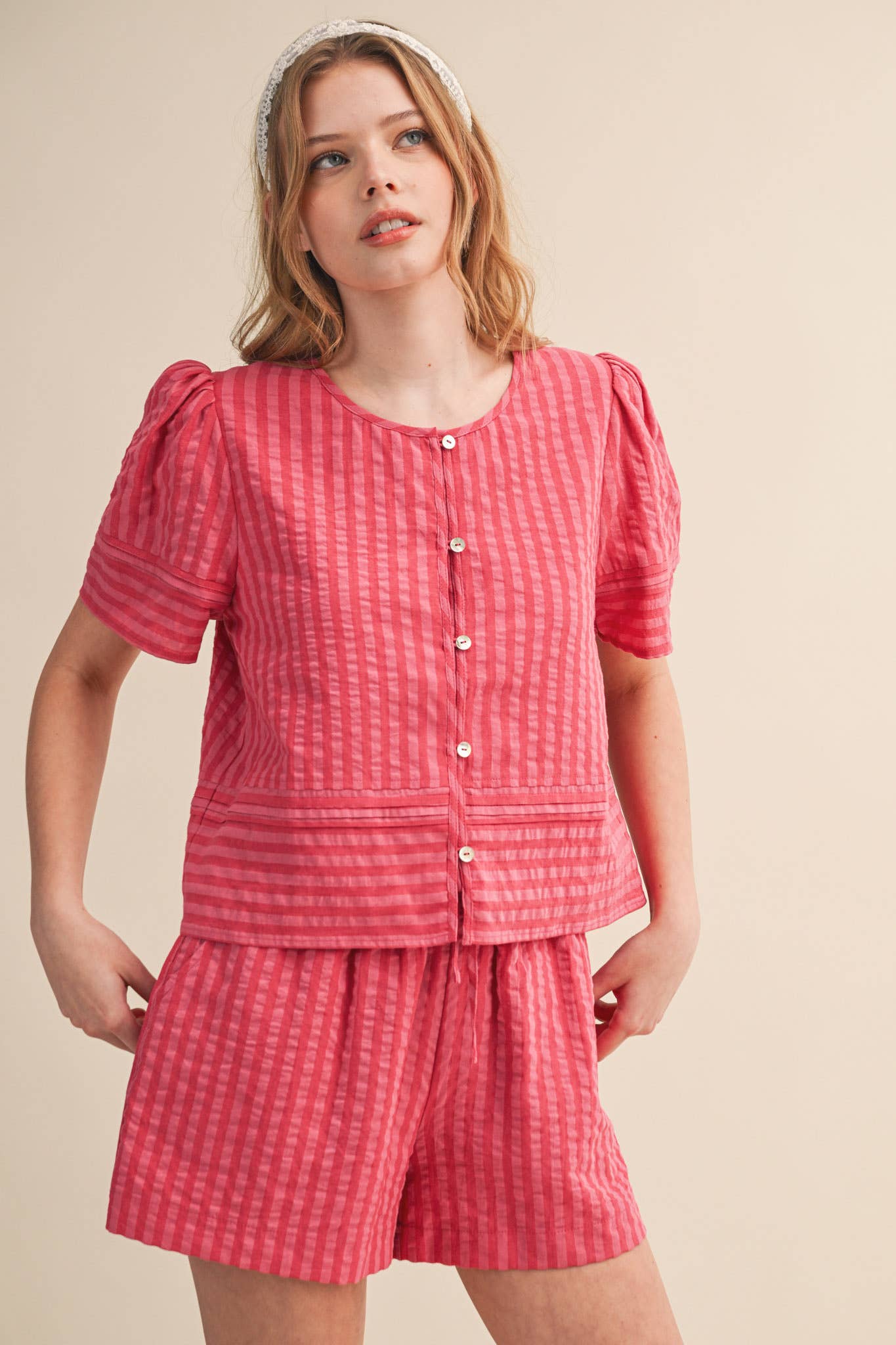 Striped Button Up Top and Shorts Set
