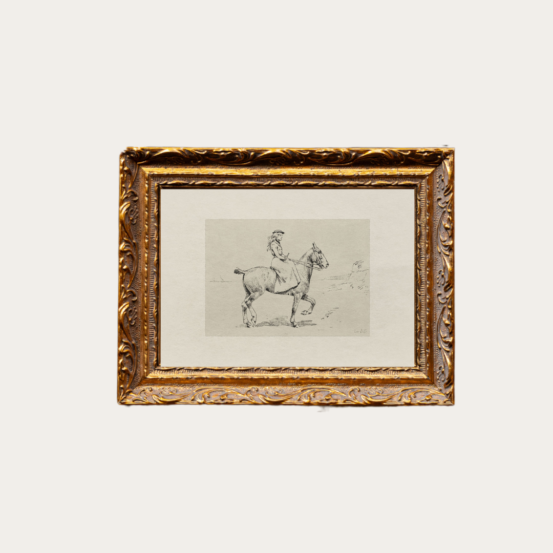 Equestrian Sketch in Brass Gold Frame
