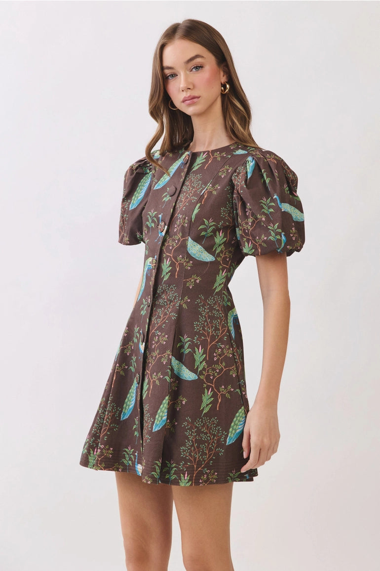Peacock Print Button Down Mini Dress